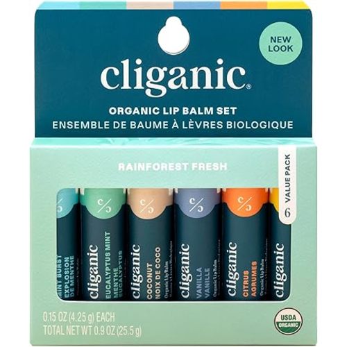 Cliganic Organic Lip Balm Set (6 Flavors) - 100% Natural Hydrating, Moisturizing for Dry Cracked Lips, Stocking Stuffer Gift for Men & Women