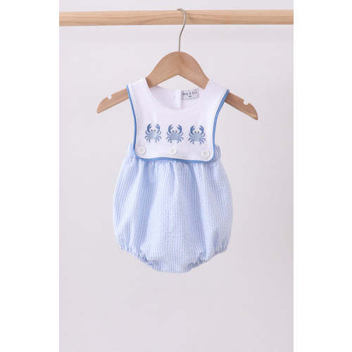 Blue Crab Embroidered Seersucker Bubble – HoneyBean