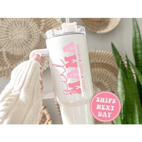 Girl Mama 40oz Tumbler, Personalized Girl Mama Tumbler with Handle Gifts for Girl Mama for Mother's Day Gifts for Girl Mama Travel Mug Cup