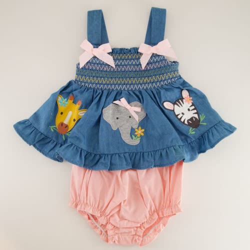 Infant Smock 3 Applique Blue Denim Bloomer Dress