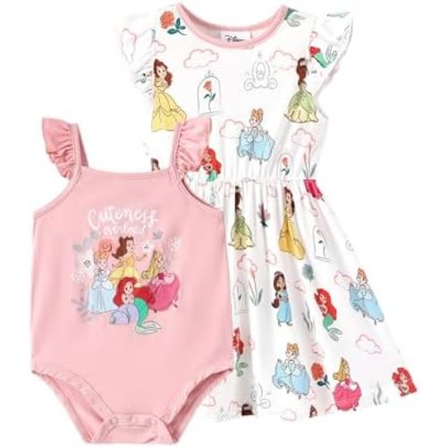 Disney Baby Girls Bodysuit and Round Neck Ruffle Sleeve Dress Clothes Outfit Set for Newborn to Infant