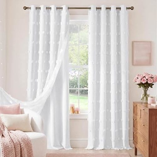 NICETOWN Cortinas con pompones de color blanco puro, 100% opacas, cortinas transparentes de doble capa para guardería y habitación de niños, tratamiento de ventana con aislamiento térmico, 52 x 84