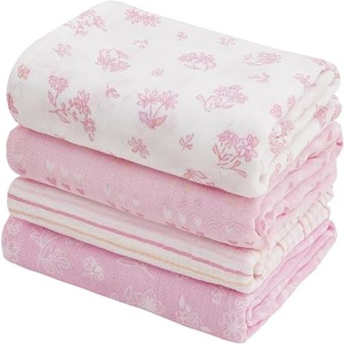 Viviland Muslin Swaddle Blankets, Breathable and Skin-Friendly Baby Receiving Blankets, Baby Essentials, Registry & Gift, 4-Pack Flowers & Heart, 47 x 47 inches