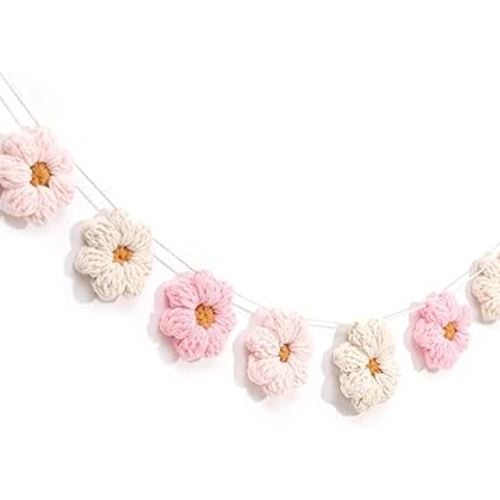 Boho Crochet Daisy Garland - Pink and Beige Yarn Floral Banner for Baby Girl Nursery Decor, Handmade Daisy Garland for Birthday Party, Boho Room Wall Hanging Decoration, Groovy one Birthday Decor