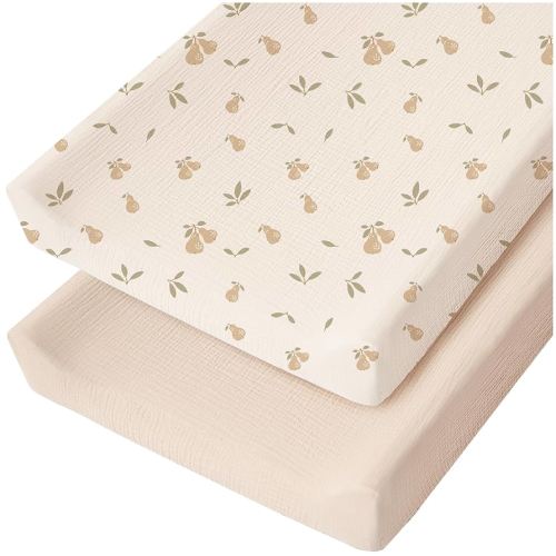 Konssy 2 Pack Muslin Changing Pad Cover for Baby Girls Boys 100% Cotton Fitted Diaper Changing Table Cover Set, Soft Changing Pad Sheets (Pear,Cream)