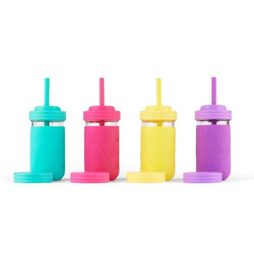 Elk and Friends Kids & Toddler Cups | The Original Glass Mason jars 12 oz with Silicone Sleeves & Silicone Straws | Smoothie Drinks | Spill Proof