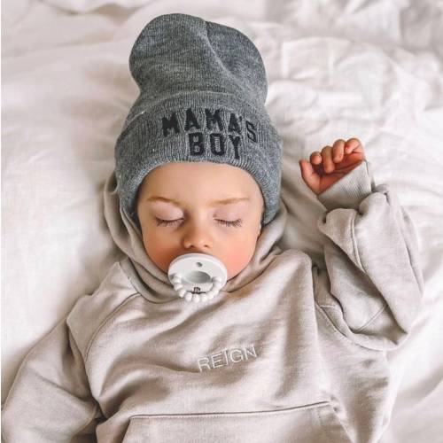Child Beanie - Mama's Boy - Gray w/ Black | Boy Beanie | Christmas Gift | Little Boy Beanie | Beanie For Boys | Love My Mama | Winter Beanie