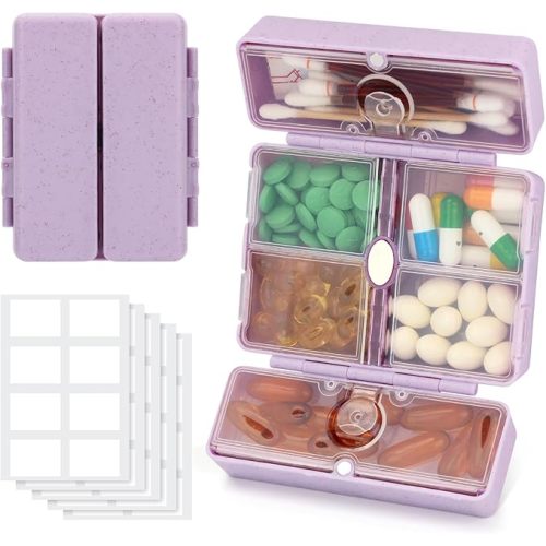 Zentiky Small Daily Pill Organizer with Labels, Medicine Pill Organizer Fit with Your Purse or Pocket for Travel to Hold Vitamin, Fish Oil, Supplement,Cotton Swabs, Bandages or Jewelry-Purple