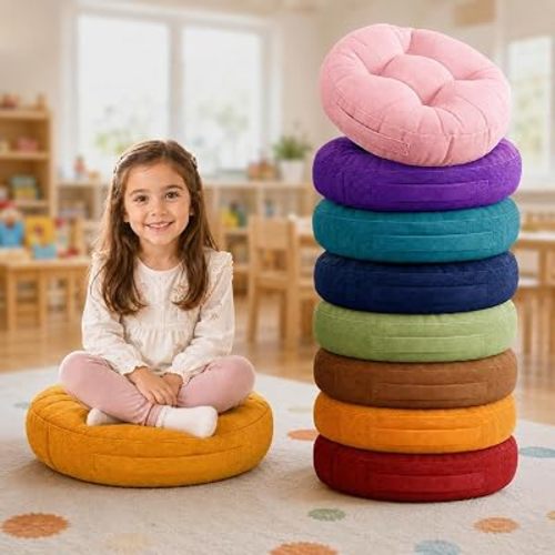 Degrees of Comfort 8Pcs Round Floor Cushions for Kids, Waterproof Flexible Seating for Classroom Elementary, Safe Smolder Resistance Sitting Pillows with Handles, 15-inch, Lovely