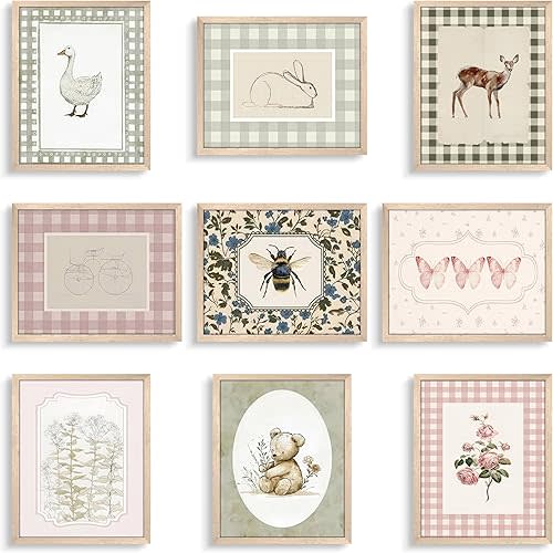 wanyun Vintage Nursery Animal Wall Art Set of 9, Cute Forest Animal Canvas Prints Poster, Rustic Cottage Farm Nursery Wall Decor Painting for Baby Kids Room Playroom, 8x10 Inch Unframed