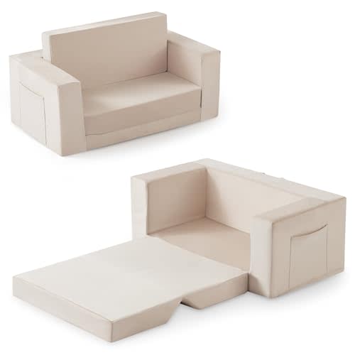 Kids Couch, 2-in-1 Toddler Chair Comfy 1-3 Years, Convertible Kids Chair, Toddler Couch That Fold Out, Kid Lounge Chairs for Boys and Girls, Soft Coral Fleece, Double, Beige