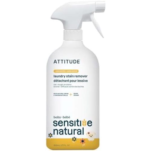 ATTITUDE Laundry Stain Remover for Baby Clothes, Plant- and Mineral-Based Ingredients, Vegan and Cruelty-free Laundry Products for Sensitive Skin, Unscented, 27 Fl Oz