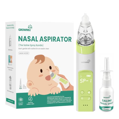 GROWNSY 2-in-1 Nasal Aspirator with Saline Spray, Electric Nose Sucker | Large Chamber Holds More Mucus, Strong Suction Clears Nose Fast, Music & Light Soothe Babies, Easy to Clean, Safe & Gentle