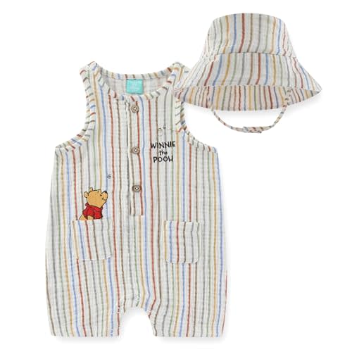 Disney Pooh Baby Boys Gauze Sleeveless Romper with Bucket Hat 2 Piece Set