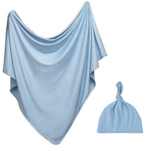 iEvolve Cotton Knitted Baby Swaddle Blanket with Hat Headband Set Newborn Swaddle Wrap Receiving Blankets for Baby Girl Boy 35" x 35"(Lightblue)