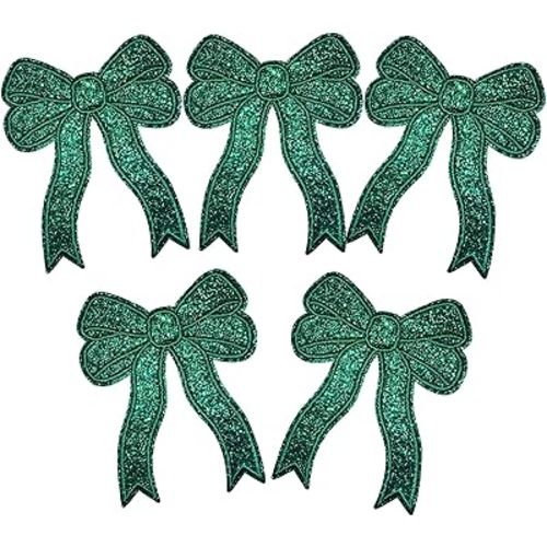 CY 5pcs Green Glitter Sequin Bow Embroidered Patches - Iron On or Sew On - Glamorous Preppy Appliques for Girls & Women's Clothes, Backpacks & Home Decor