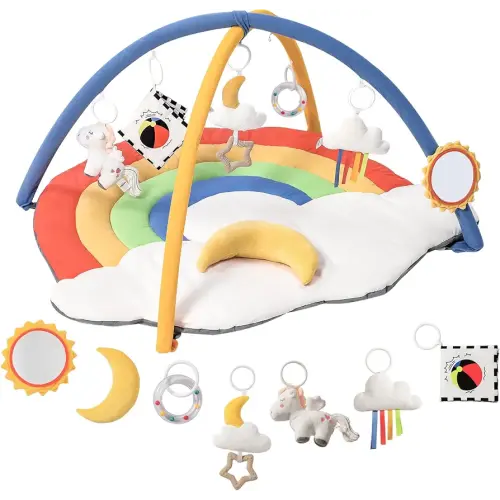 Baby Gym Play Mat with 6 Detachable Toys, Tummy Time Mat for Floor, Promote Motor Skills & Sensory Development Mat for Infant, Washable Baby Activity Mat, Easy to Install, Baby Essentials Gift-Rainbow