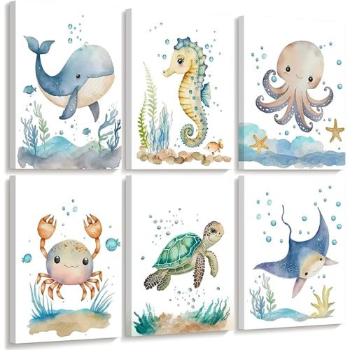Nursery Sea Animal Wall Decor Set of 6 Ocean Watercolor Canvas Wall Art Baby Boys Room Wall Art Ocean Sea Animal Pictures Kids Girl Art Prints Nursery Artwork for Bedroom 8x10 Inch Framed