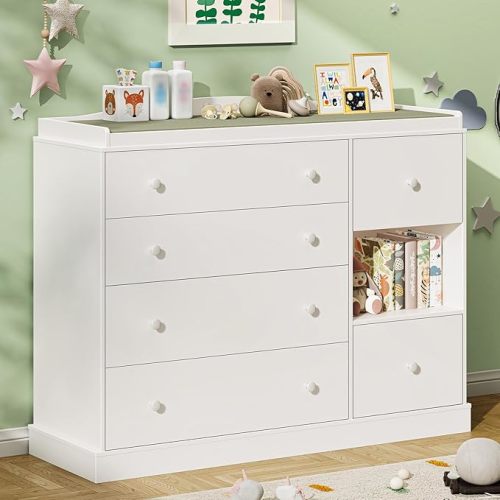 Kids Dresser Cabinet with 6 Drawers, Changing Table for Nursery with Shelf, Multi-Functional Chest of Drawers, Kids Bedroom Furniture, Nightstand for Children's Room, White