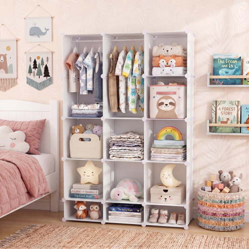 Costway 13-Cube Modular Baby Wardrobe Closet with Hanging Rods & Open Shelves for Clothes White