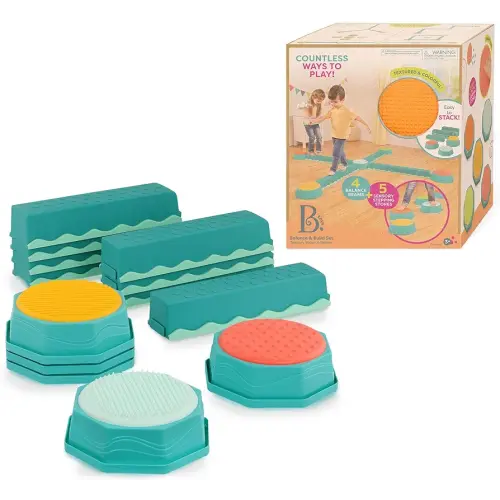 B. toys – Balance Beam for Kids – Interlocking Balancing Beams – 5 Sensory Pads & 8 Beams – Active Play for Toddlers, Kids – 3 Years + – Balance & Build Set