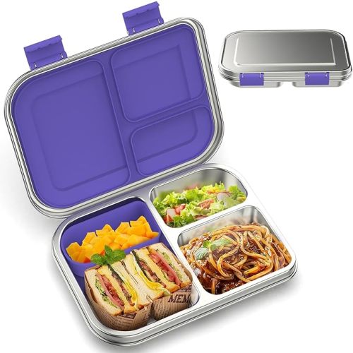 Stainless Steel Kids Leak-Resistant Bento Lunch Box, 3-Compartments with Silicone Container, Dishwasher-Safe, Child-Friendly Design for School, Picnics & Travel,BPA-Free(Purple)