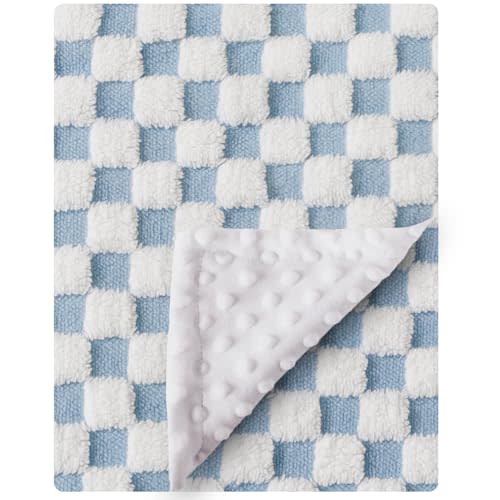 Soft Black and White Checkered Baby Blankets for Unisex Girls or Boys Breathable Gender Neutral Nursery Double Layer Blankets with Dotted Backing for Newborn Toddlers (Blue and White)