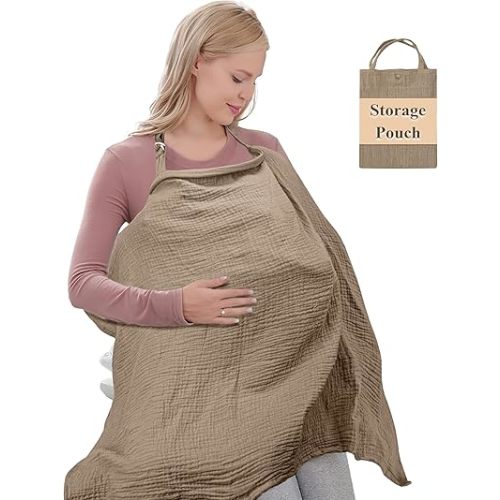 Organic Cotton Nursing Cover & Shawl - 43 x 28 Inch Breathable Muslin Breastfeeding Nursing Apron Cover with Arch Neckline for Mothers, Multi-use Carseat Canopy (Beige)