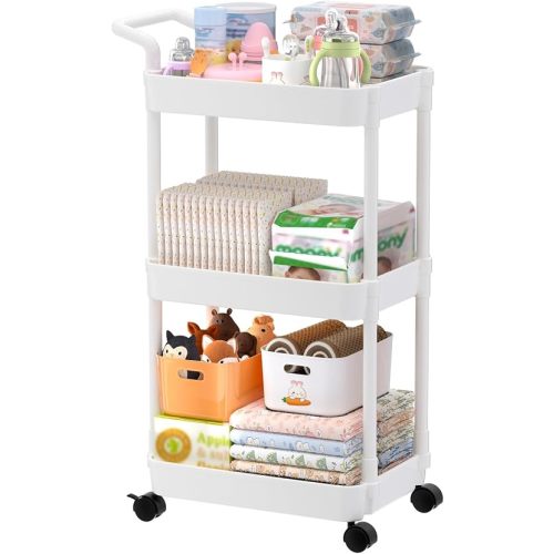Diaper Caddy, 3 Tier Rolling Cart for Baby Essentials, Off-White