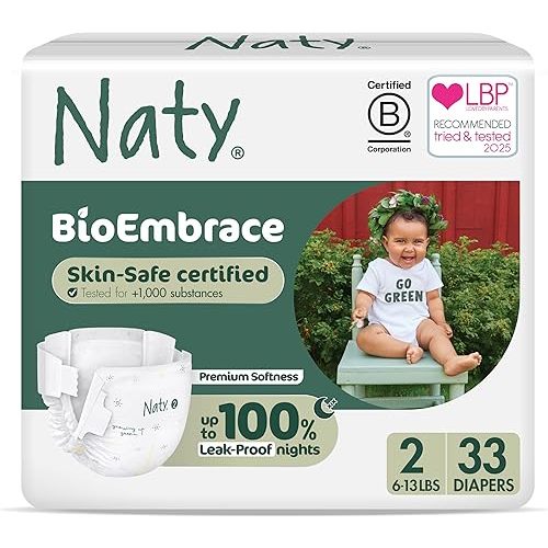 Naty BioEmbrace Baby Newborn Diapers | Sensitive Skin Safe Certified | Leak Protection up to 100% | Plant-Based Teddy Softness, Premium Comfort | Chlorine-Free | Size 2 (6–13 lbs), 33 Count