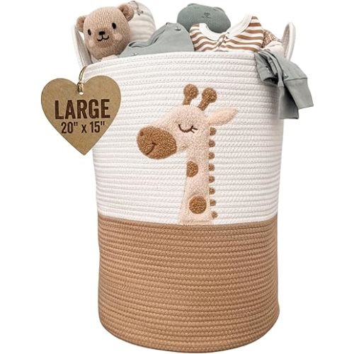 Baby Laundry Basket & Nursery Hamper – 20"x15" Large Giraffe Baby Hamper for Nursery Decor, Tall Woven Rope Dirty Clothes Laundry Hamper with Handles, Safari Animal Baby Room Storage Bin (White & Tan)