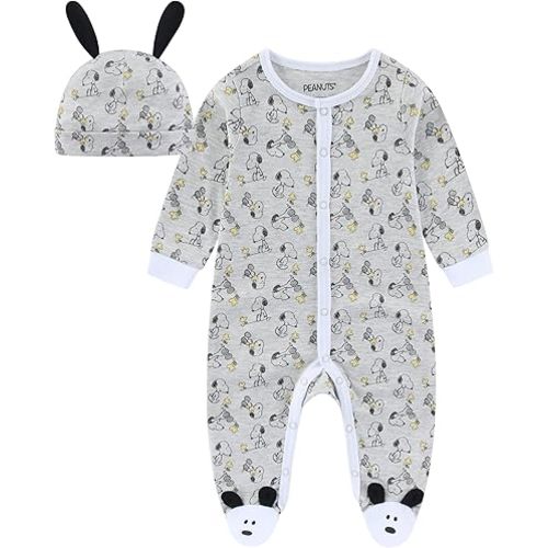 Peanuts Snoopy Boys Coverall Footed Romper and Hat Set for Newborn and Infants