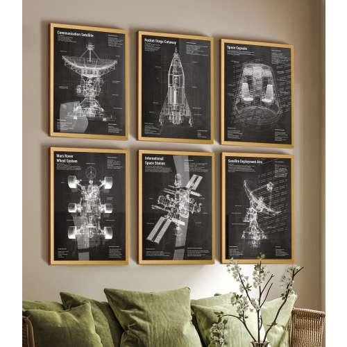 Space Tech Satellite Patent Art Prints: Aerospace Blueprint Decor Set of 6