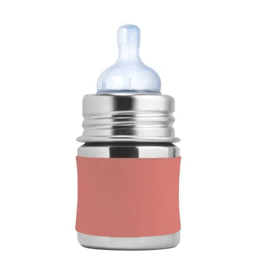 Pura Kiki 5oz/150ml Stainless Steel Anti-Colic Infant Bottle w/Silicone Natural Vent Nipple & Sleeve, 100% Plastic-Free, MadeSafe Certified, Medical-Grade Silicone - Rose Sleeve