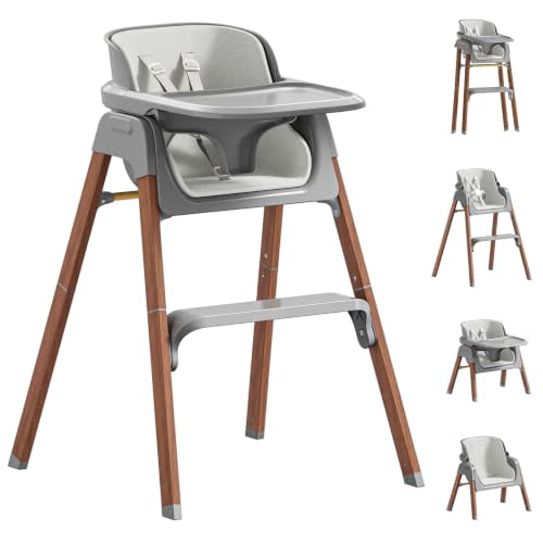 Fodoss Baby High Chair, 4-in-1 Convertible Gray for Babies & Toddlers | Grows with kids across stages, Thick Wood-print Metal Frame ensures stability, 5-point harness & dishwasher-safe tray