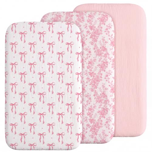 Peryiter 3 Pcs Muslin Fitted Sheet Baby, Flower, Bow, Bedside Sleeper, Pink | 100% Cotton Muslin, Soft Breathable for Girl, Fits Standard Crib and Bedside Sleeper, Machine Washable, 33'' x 21''