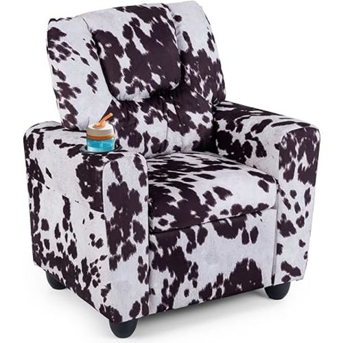 GLACER Kids Recliner with Cup Holder, Velvet Toddler Lounge Chair w/Adjustable Backrest & Footrest, Spring-Loaded Seat Cushion, Push Back Toddler Sofa for Boys & Girls Ages 3+ Years Old (Cow)