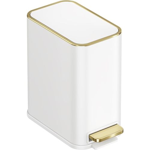 TIPGO Small Bathroom Trash Can with Lid Soft Close, Step Pedal, 5 Liter / 1.3 Gallon Stainless Steel Trash Bin, Slim Garbage Cans for Toilet, Office, Bedroom (White)