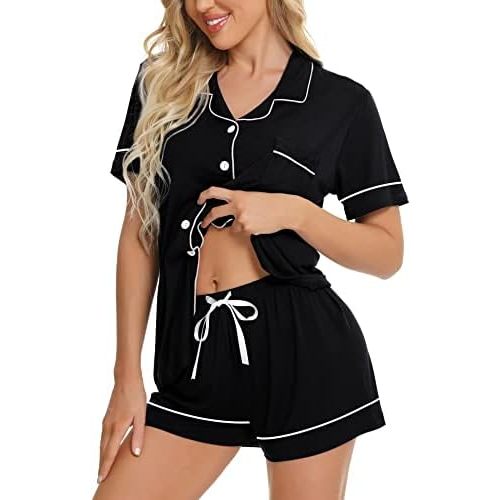 SWOMOG Womens Button Down Pajamas Set Short Sleeve Sleepwear Bride Soft Pj Lounge Sets XS-3XL