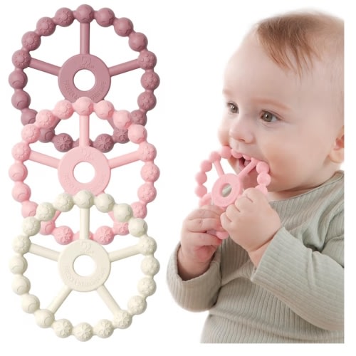 3 Pack Ring Teether Baby Infant Toys, Baby Essentials, Silicone Teething Ring Toys for Babies 0-6 Months, Seposeve Toddler Teethers 6-12 Months 12-24 Months, Infant Teething Relief, Purple Pink White