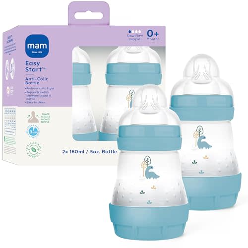 MAM 5oz Easy Start Anti-Colic Wide Neck Vented Baby Bottle, Slow Flow Breastfeeding-Like Nipple,Reduces Colic Gas & Reflux, Easy Clean, BPA Free,0+ Months, Made in Europe