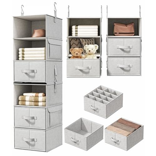 Vailando 6-Shelf Hanging Closet Organizer with 3 Drawers, 2 Separable 3-Shelf Closet Organizers and Storage for Wardrobe Organization, Hanging Dresser for Nursury & Dorm Clothes Organizer