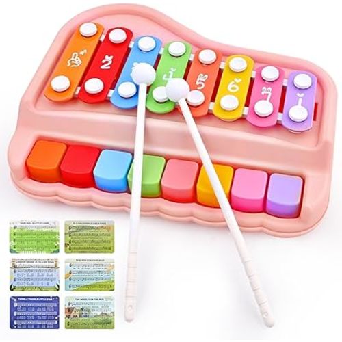 Baby Piano Xylophone Toy for Toddlers Age 1-3, Montessori Musical Toy Double Sided Cards Pink Educational Gift for 1+ Year Old Girl, Safe 3 in 1 Music Toy 8 Colorful Keys for Early Learning