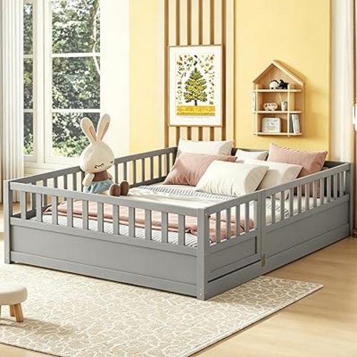 Bellemave Full Size Floor Bed with Slats and Door, Full Size Montessori Floor Bed with Rails, Easy Assemble Montessori Beds Frame for Bedroom, Gray