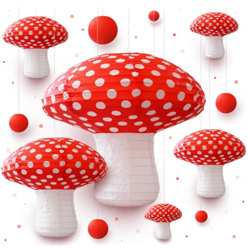 Mushroom Paper Lanterns and Berries, Large Mushroom Decorations for Enchanted Forest Decorations, Fairy Tea Party, Garden Party, and Alice in Wonderland Decor by Avoseta (12 pcs)