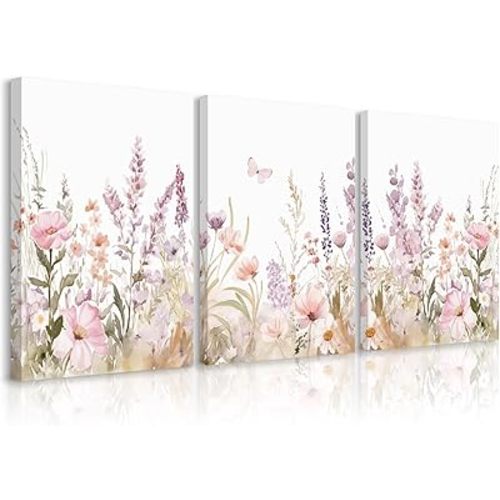 Nursery Girl Floral Wall Art Watercolor Wildflower Canvas Wall Decor Pruple Pink Flower Pictures Nursery Floral Art Prints Girl Room Wildflower Poster for Bedroom Bathroom 12x16x3 Inch Ready to Hang
