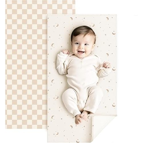 Konssy Faux Leather Baby Changing Mat, Waterproof, Wipeable & Portable Diaper Changing Pad for Travel or Home, Fits Perfectly in Diaper Bag, 30 x 17 inches (Milk Apricot Check,Moon)