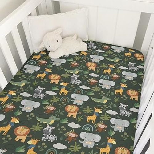 Jungle Safari Animals Baby Crib Sheets for Boy Girl Elephant Lion Zebra Giraffe Leaves Soft Snug Fitted Crib Mattress Covers for 52''x28'' Standard Crib & Toddler Mattress Pad Wild African Bed Sheets