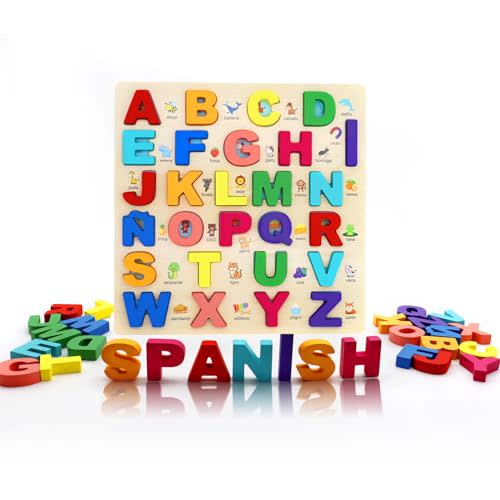 MAYAPHILOS Wooden Alphabet Puzzle, Learn Spanish for Kids with 27 Letters | Colorful ABC Shape Puzzles for Kids, Preschool Educational Learning Toys for Girls and Boys