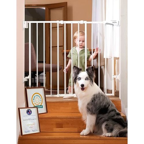 Babelio Baby Gate for Stairs, Kitchen & Doorways, 26-41" W 28" H No Bottom Bar| Easy Installation| One-Handed Operation| Auto-Close| Hardware Mount Safety Dog/Pet Gate Indoor (White)